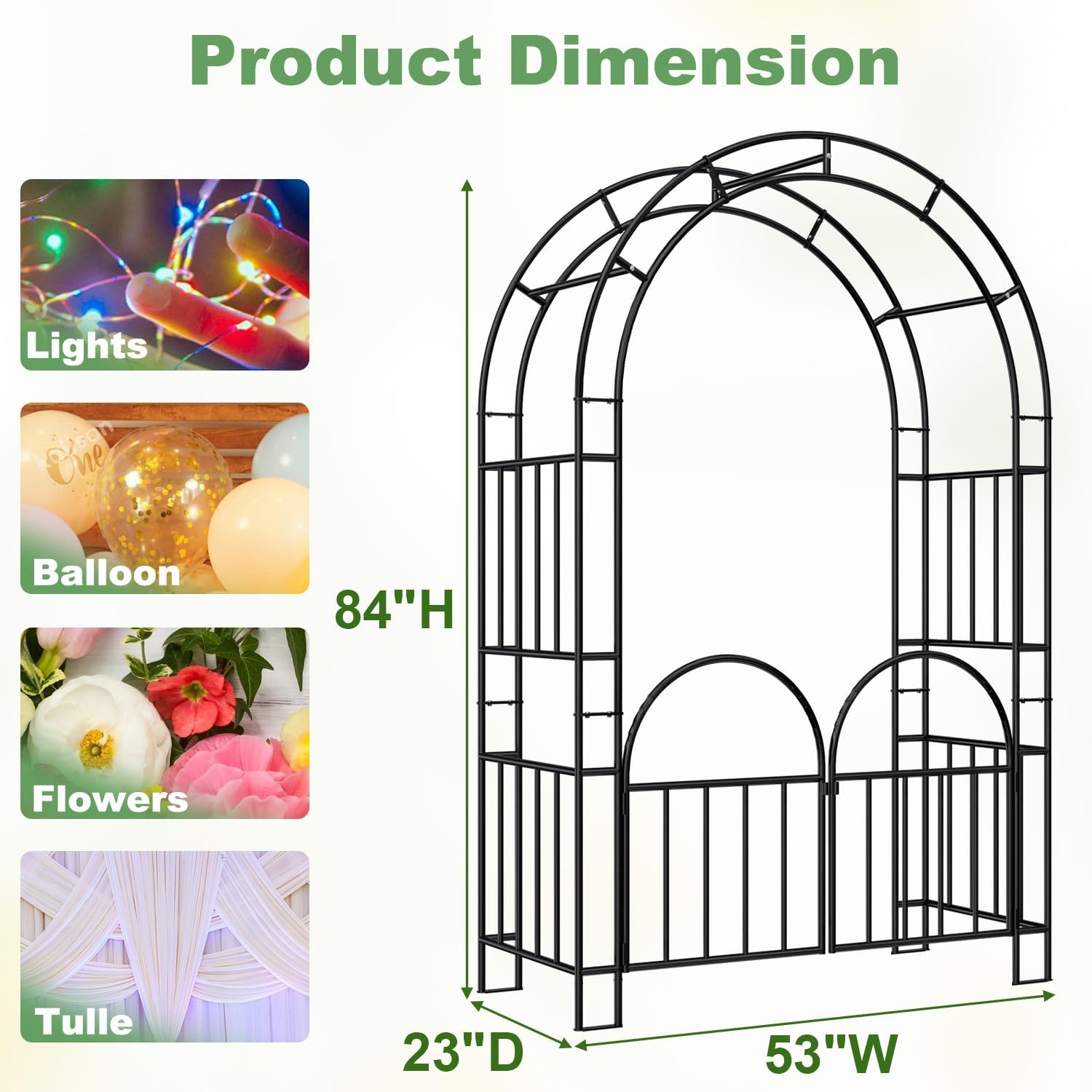 7ft Garden Arbor - Metal Garden Arch Trellis for Climbing Plants, Wide Sturdy Trellis Outdoor, Garden Arbor with Gate, Ideal for Weddings, Halloween, Christmas & Outdoor Decorations