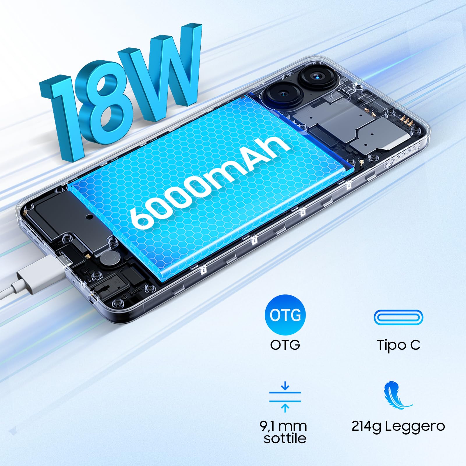Blackview 2025 Telefono Cellulare 16GB + 128GB/2 TB TF, 6,75" 90 Hz/6000mAh, Smartphone 50MP Camera, 2,0 GHz, Octa core, 4G Dual SIM, Impronte Digitali/Face ID/3.5mm Jack/GPS/OTG/Gemini AI