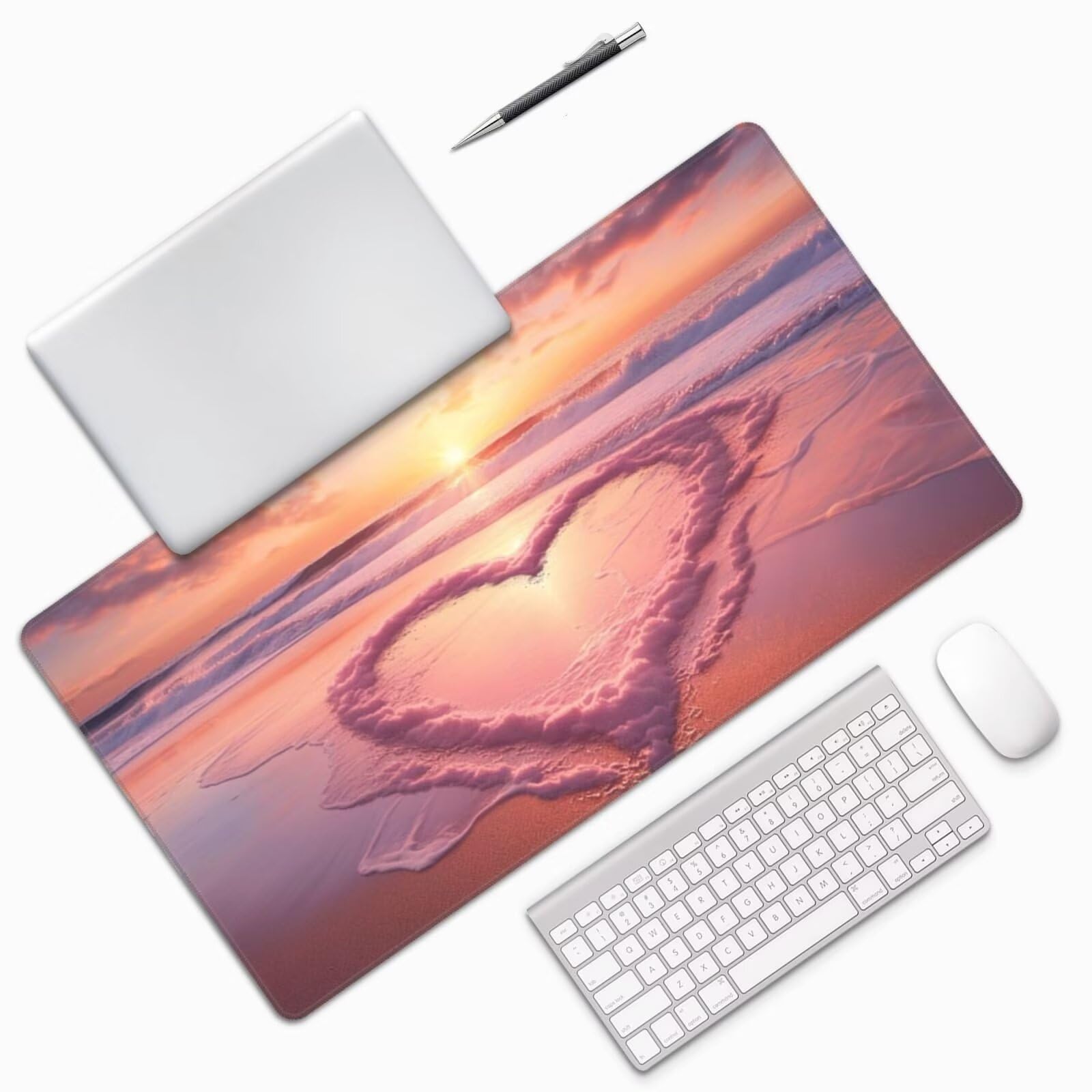 Gaming Mauspad XXL 1200x600x3mm Mousepad Verlängertes Groß Mauspad Schreibtischauflage,Genähte Kanten Rutschfeste Gummibasis,Verbessert Präzision Geschwindigkeit Home Office Herzförmiger Strand L-3322