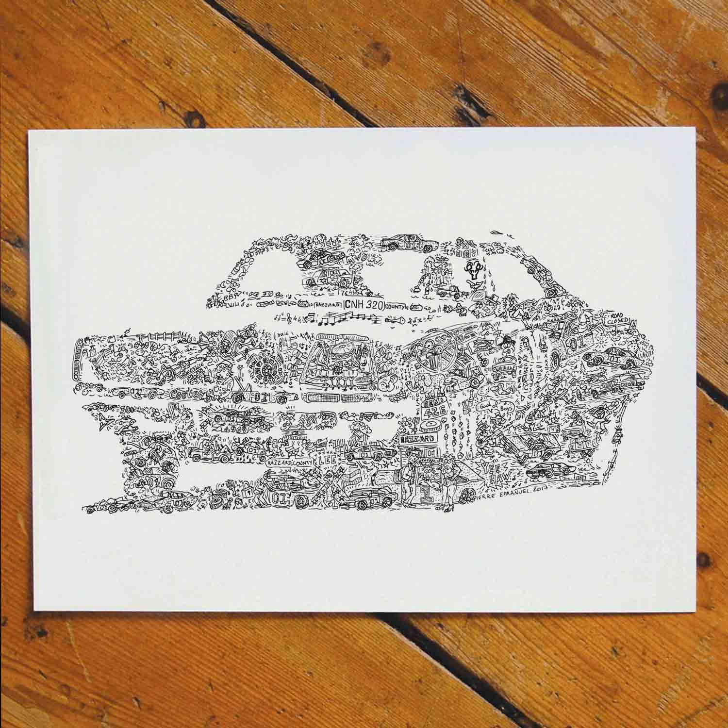 general Lee - Affiche de la Voiture emblematique de la série sheriff fais moi peur - histoire du bolide volant de Bo et luke duke bande dessinée - dessin biographie - 01 hazzard (50x70cm)