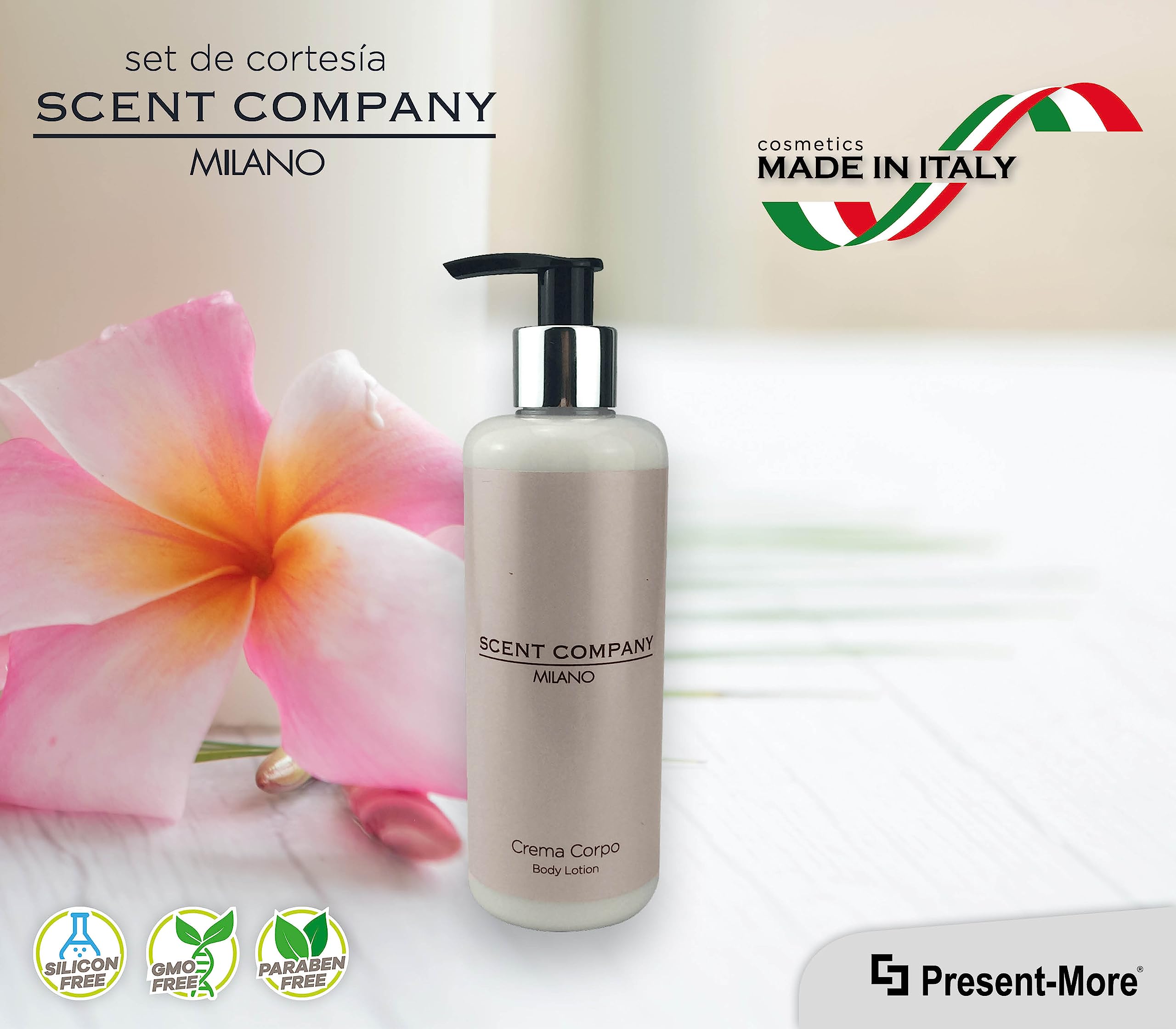 Present-More Crema corporal 300ml Scent Company Milano - Crema cuerpo 15 unidades para Hoteles y B&B | Crema cuerpo con fragancia Ámbar Real