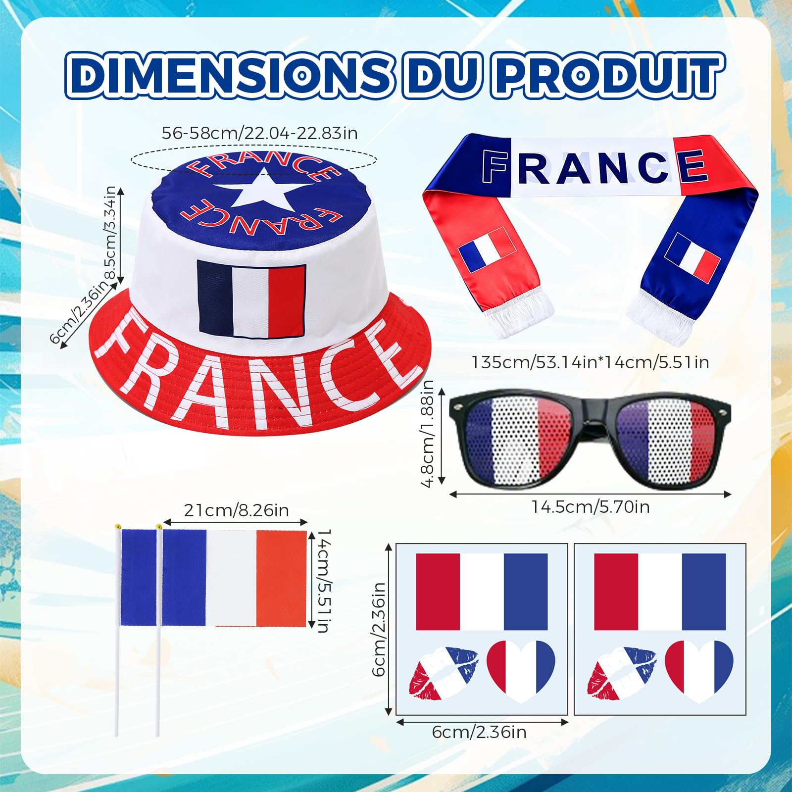 Kit Supporter France 7 Pièces, Football Accessoire Chapeau avec Lunettes, Drapeaux et Tatouages pour la Coupe du Monde 2026, Idéal Lors des Soirées de Match pour Garçons et Filles
