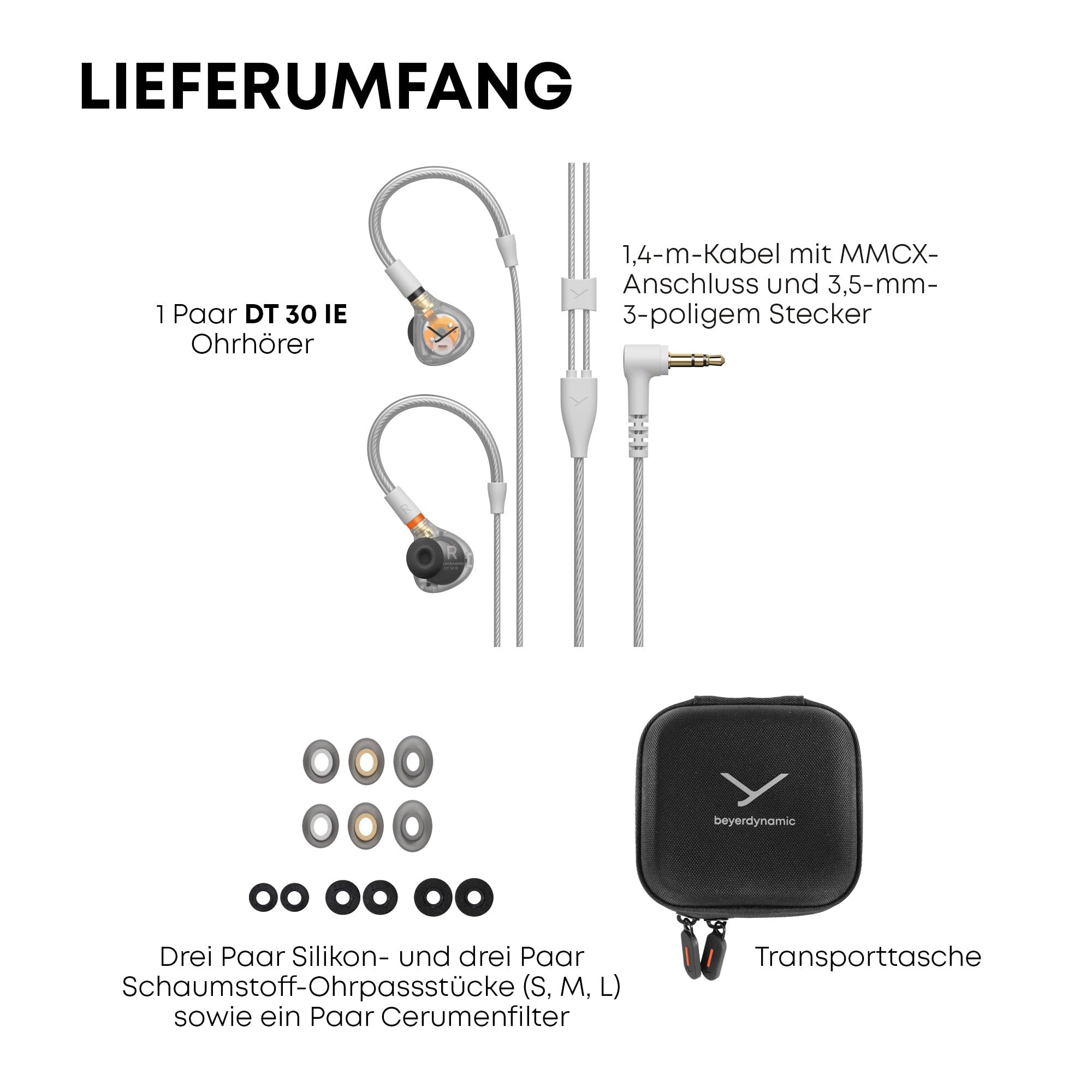beyerdynamic DT 30 IE Professioneller In-Ear-Monitor für Bühne & Proberaum | Passive Schallisolation bis zu 39 dB, ergonomische Passform, abnehmbares MMCX-Kabel, Farbe Transparent