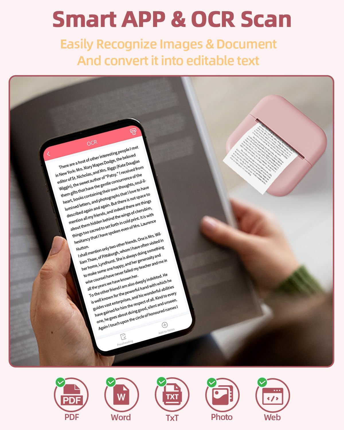 Zodzi Bluetooth Mini Printer, Thermal Mini Printer for Smart Phones & Pads, Portable Pocket Printers for Labels, Diary, Scrapbook, Web Page, 1D/QR Code, Photo, Monochrome, Pink - Image 9