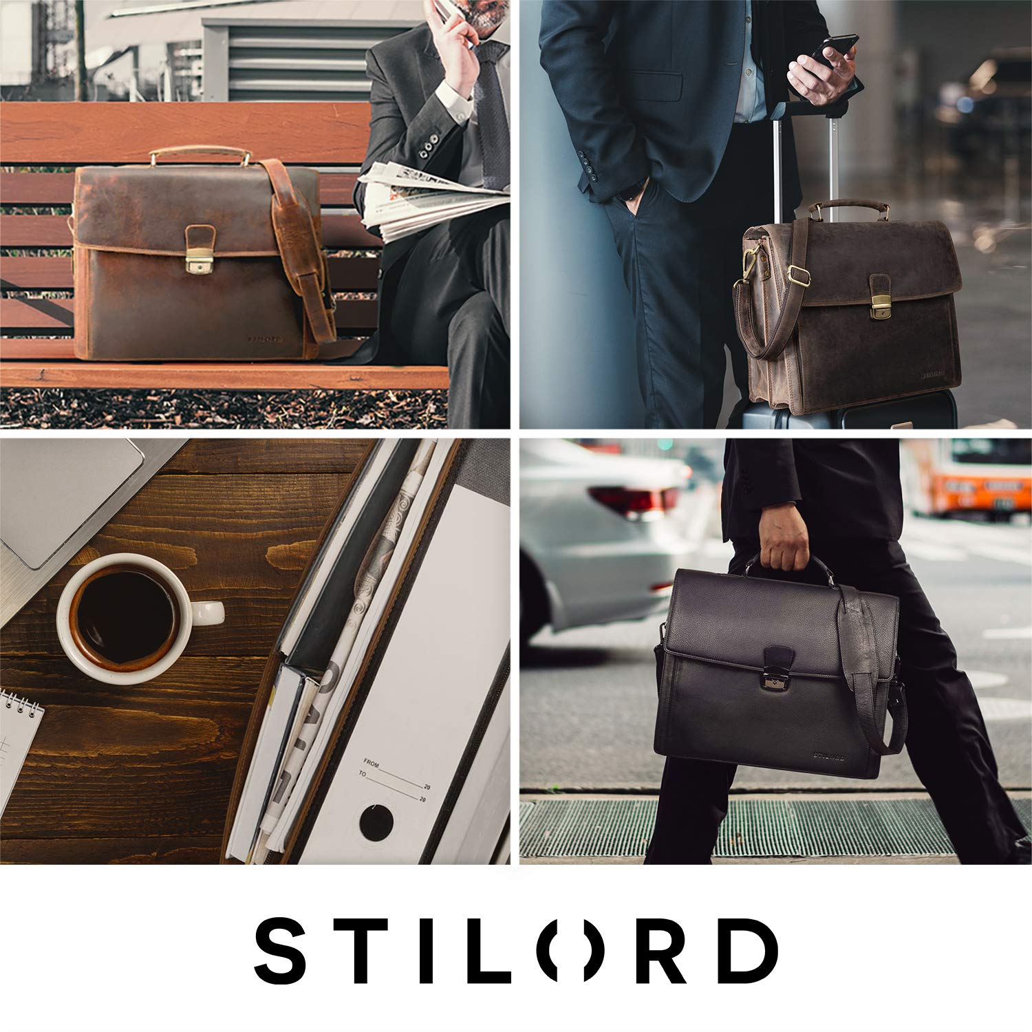 STILORD "Noel Aktentasche Leder Herren Vintage Schwarz Groß klassische Arbeitstasche Bürotasche Umhängetasche Dokumententasche mit Laptopfach 13,3 Zoll und Trolleyschlaufe