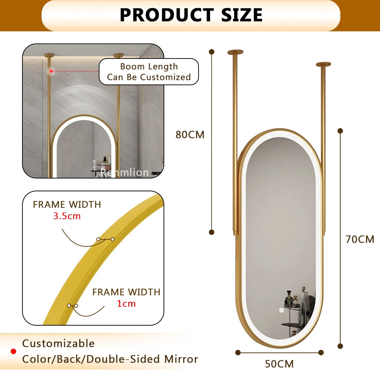 d Ovale Specchio da bagno Vani Specchio da parete con luci dimmerabili in 3 colori in metallo e specchio da trucco galleggiante (50 cm x 70 cm) perfetto per decorazioni moderne