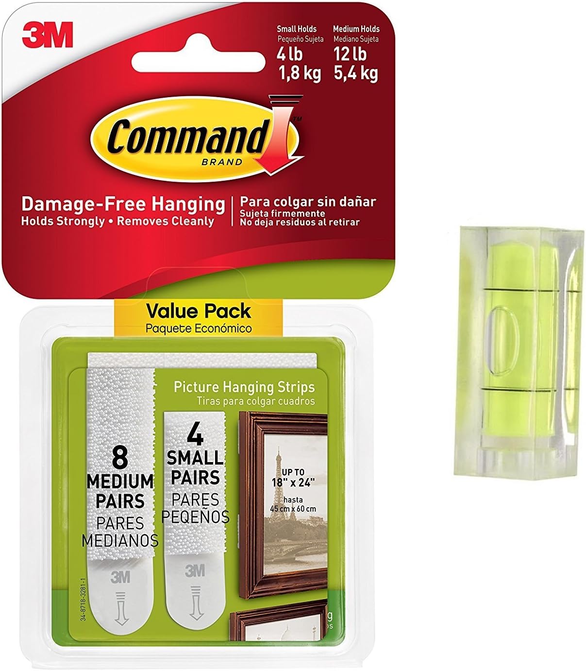 Baby Galore Command Picture Hanging Strips Variety Value Pack, 4-Small and 8-Medium Pairs (17203-ES) With Bubble Level Measuring Tool
