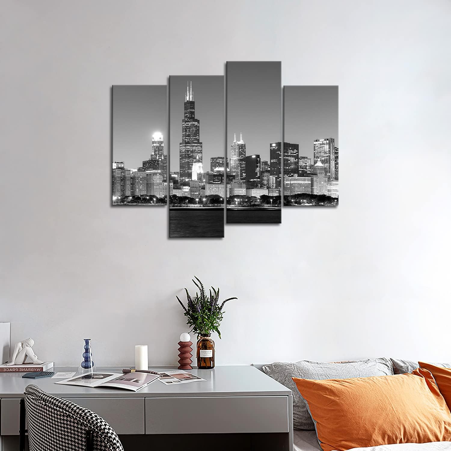 Chicago Wall Art Chicago Skyline at Night in Black and White Picture Cityscape Print On Canvas Giclee Artwork for Wall Decor