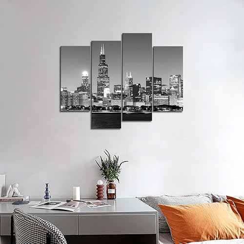 Miniatura 3 de 4 unidades de pintura de tela moderna arte de pared la imagen para la decoración del hogar, vista panorámica del horizonte de Chicago de noche, en