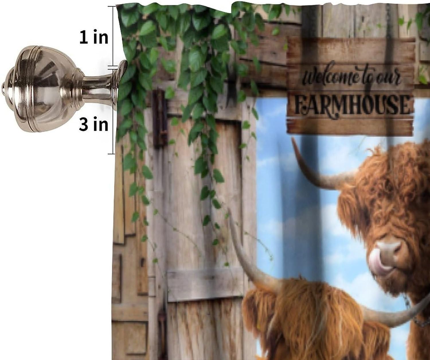 Highland Cow Bull Kitchen Curtain Valance, Western Wildlife Country Farm Animal Cow Rod Pocket Short Cafe Small Window Treatment Drapes Decor 54W x 18H
