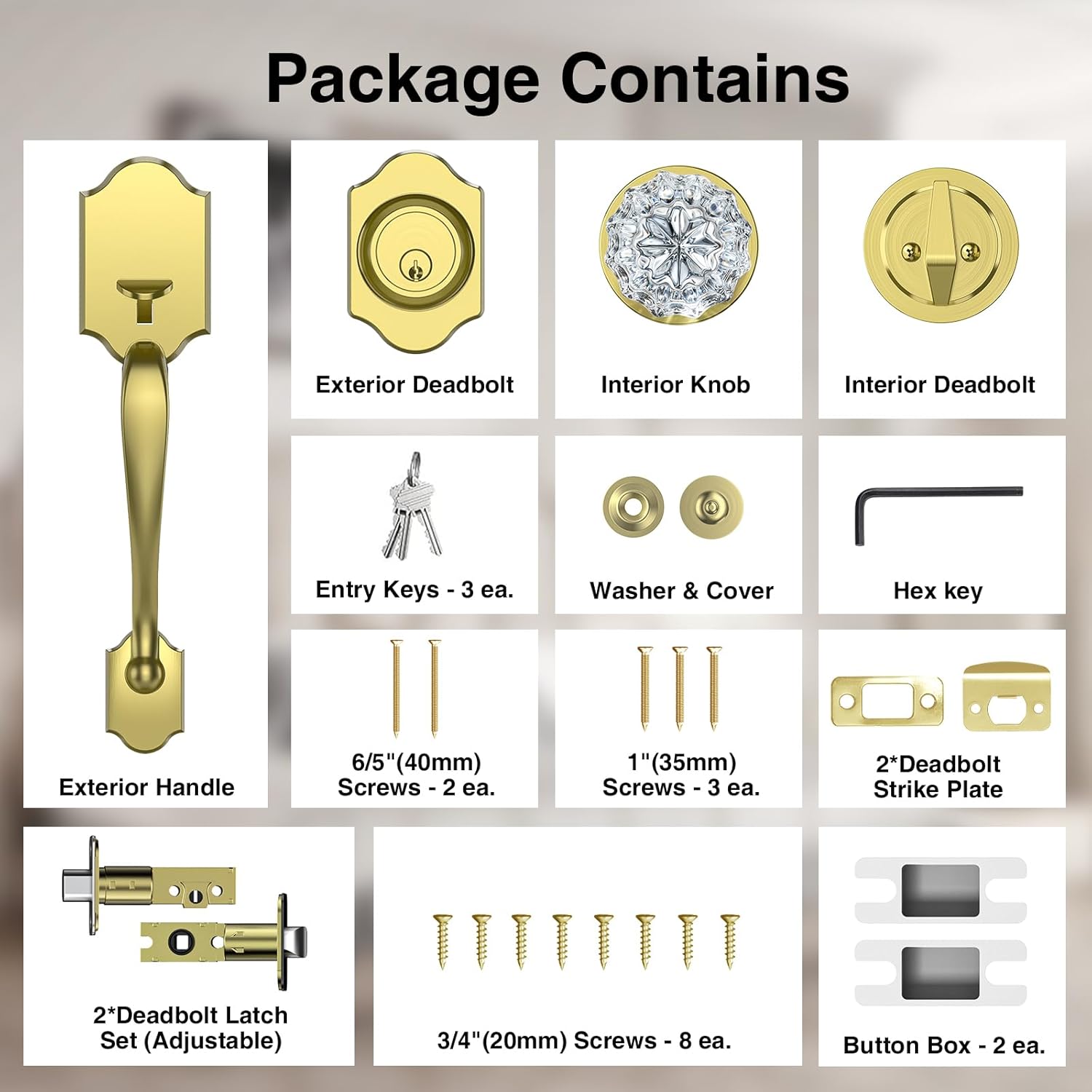 Satin Brass Front Door Handle and Deadbolt Set, Front Door Lock Set with Crystal Glass Door Knob, Exterior Door Lock Set with Single Cylinder, Reversible for Right & Left, Gold