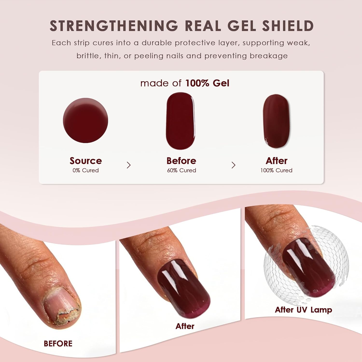 Semi Cured Gel Nail Strips – Real Gel Nail Polish Wraps for Brittle Nails | Long Lasting Easy Peel-Off Removal | Hema-Free | 20-Piece Glitter Cat Eye Pink Salon Sticker Kit with UV Light