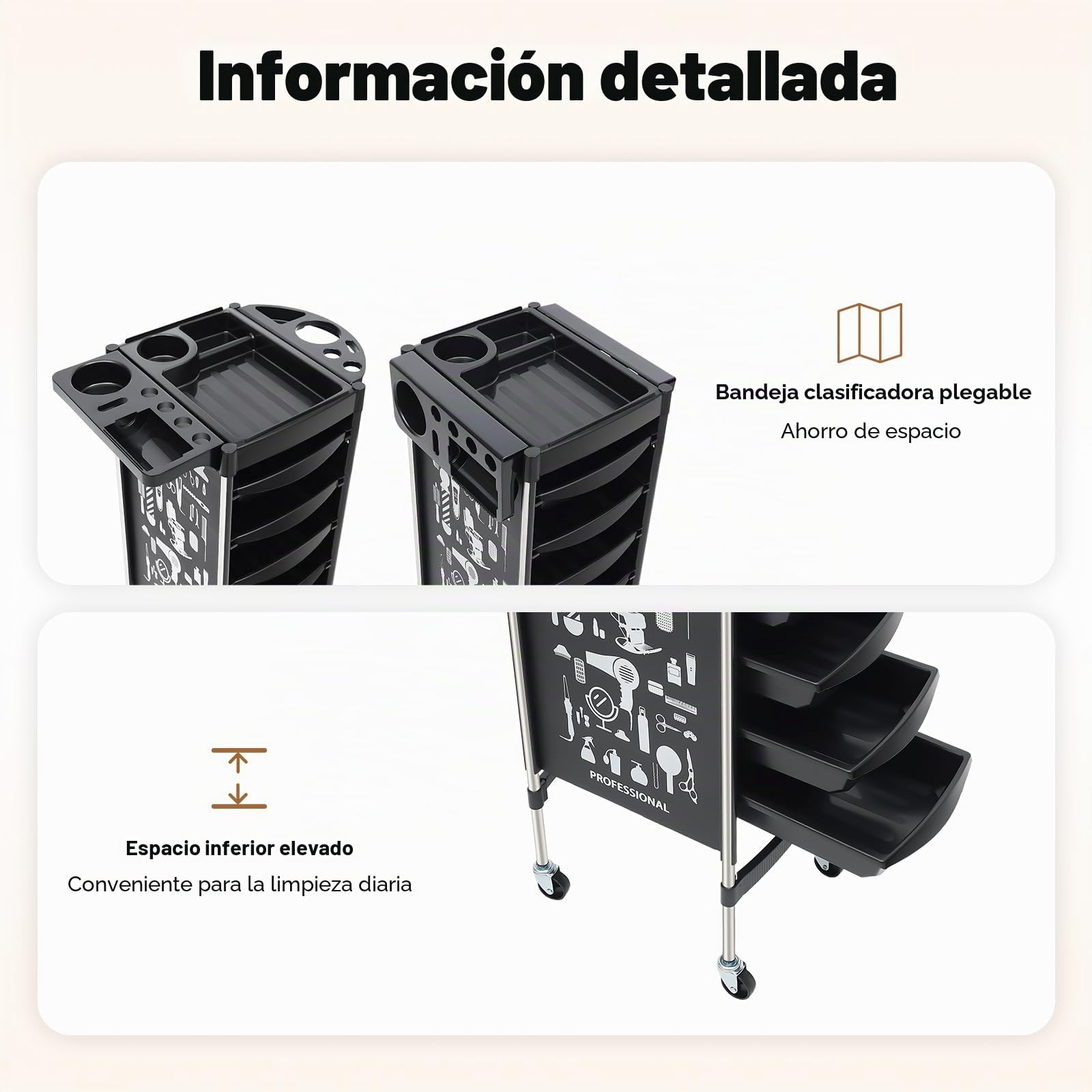 Carrito de peluquería con 5 cajones, accesorio profesional de peluquería, carrito de trabajo con soporte para secador de pelo y cesta colgante, color negro