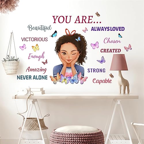 Calcomanías inspiradoras de pared para niña negra, sacinora con frases motivacionales de mariposas, vinilo extraíble para despegar y pegar para