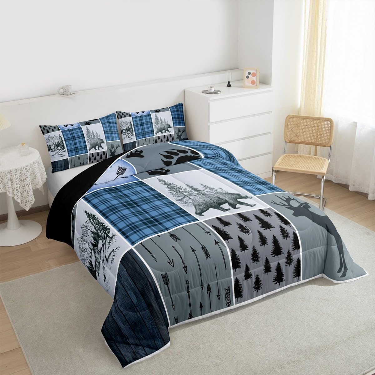 Rustic Farmhouse Comforter Set Queen, Retro Cabin Lodge Bedding Set Christmas Country Bear Deer Duvet Sets For Kids Teens Adult Men, Hunting Wild Animal Plaid Quilt 3Pcs With 2 Pillow Cases,Blue