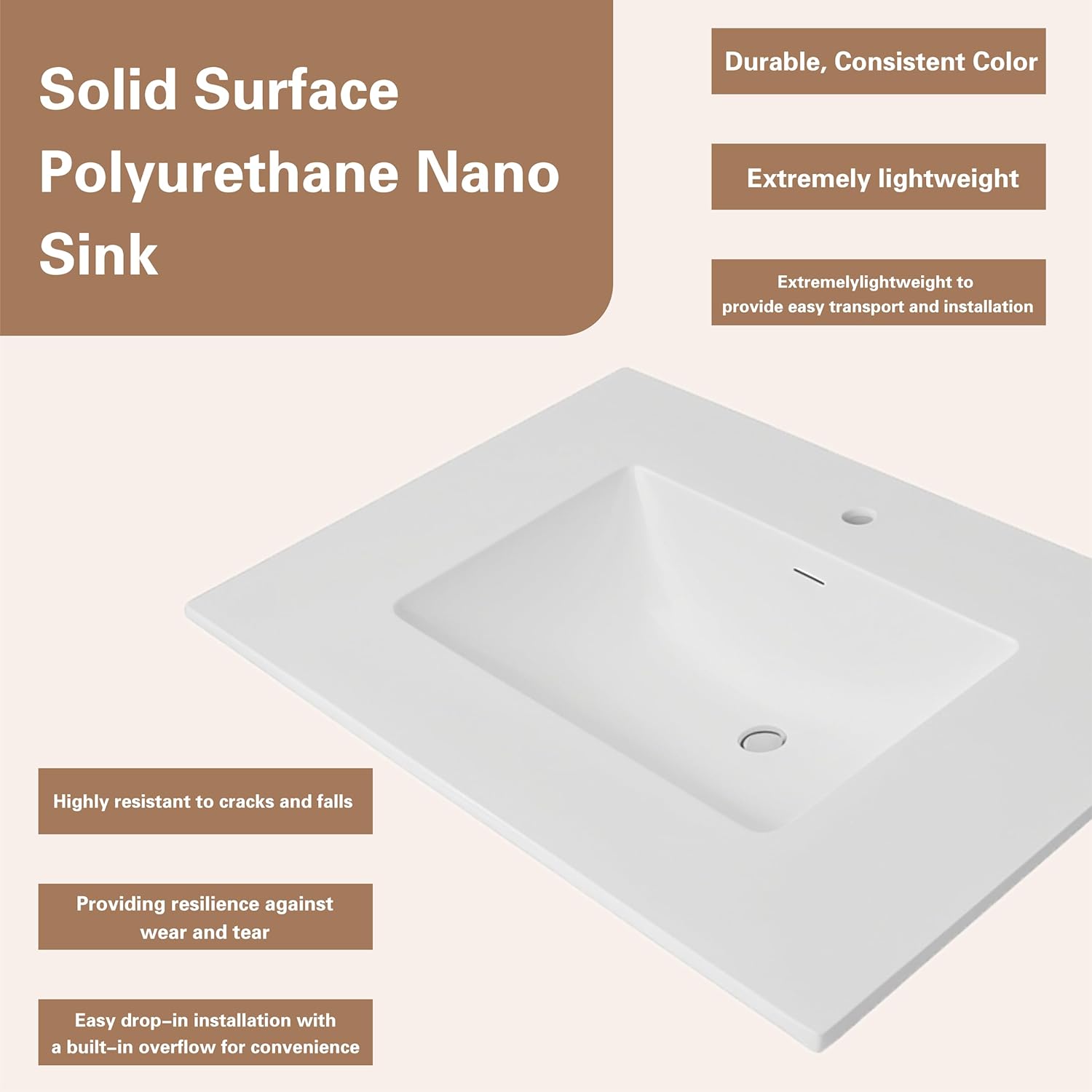 25"/31"/37" Solid Surface Polyurethane Resin Streamline Vanity Top With Sink, Durable, Consistent Color, Easy-to-Clean, Built-in Overflow (37" Width)