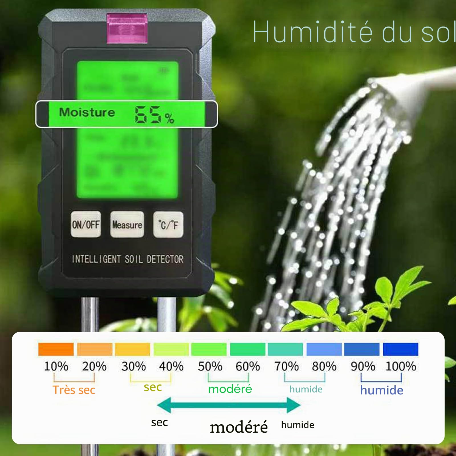 Testeur de pH du Sol 6 en 1, Hygrometre Plante pour Sol/humidité/ph/température/lumière/humidité ambiante, avec Double Sonde et Pliable à 90 ° écran LCD pour jardin pelouse et plantes d'intérieur