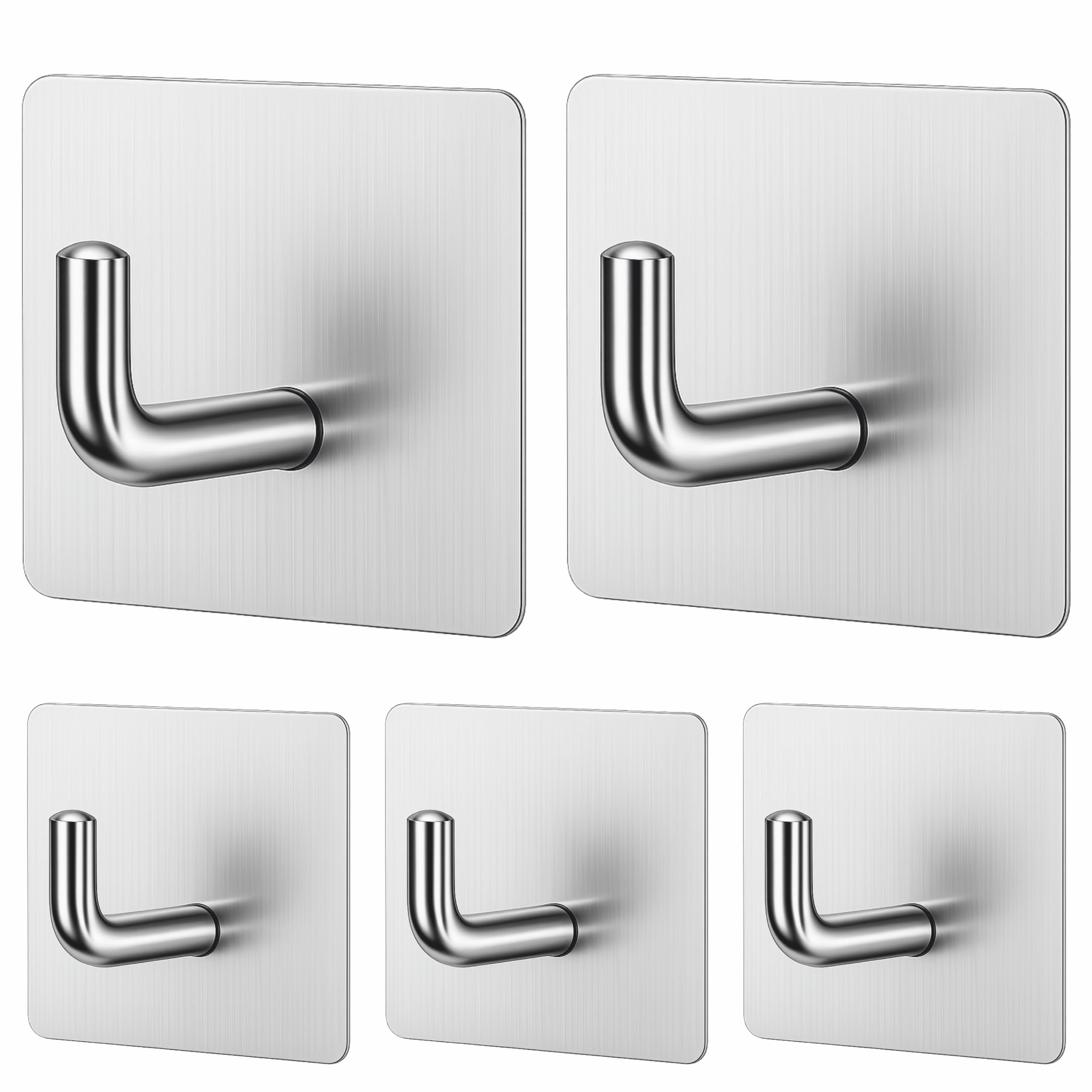 JIALTO 5 PCS Self Adhesive Hooks/Wall Hangings Hook/Waterproof Stainless Steel Hooks for Wall Without Drilling Heavy Duty Bathroom Kitchen Towel Wall Hooks for Hanging Strong Coat (J Hook)