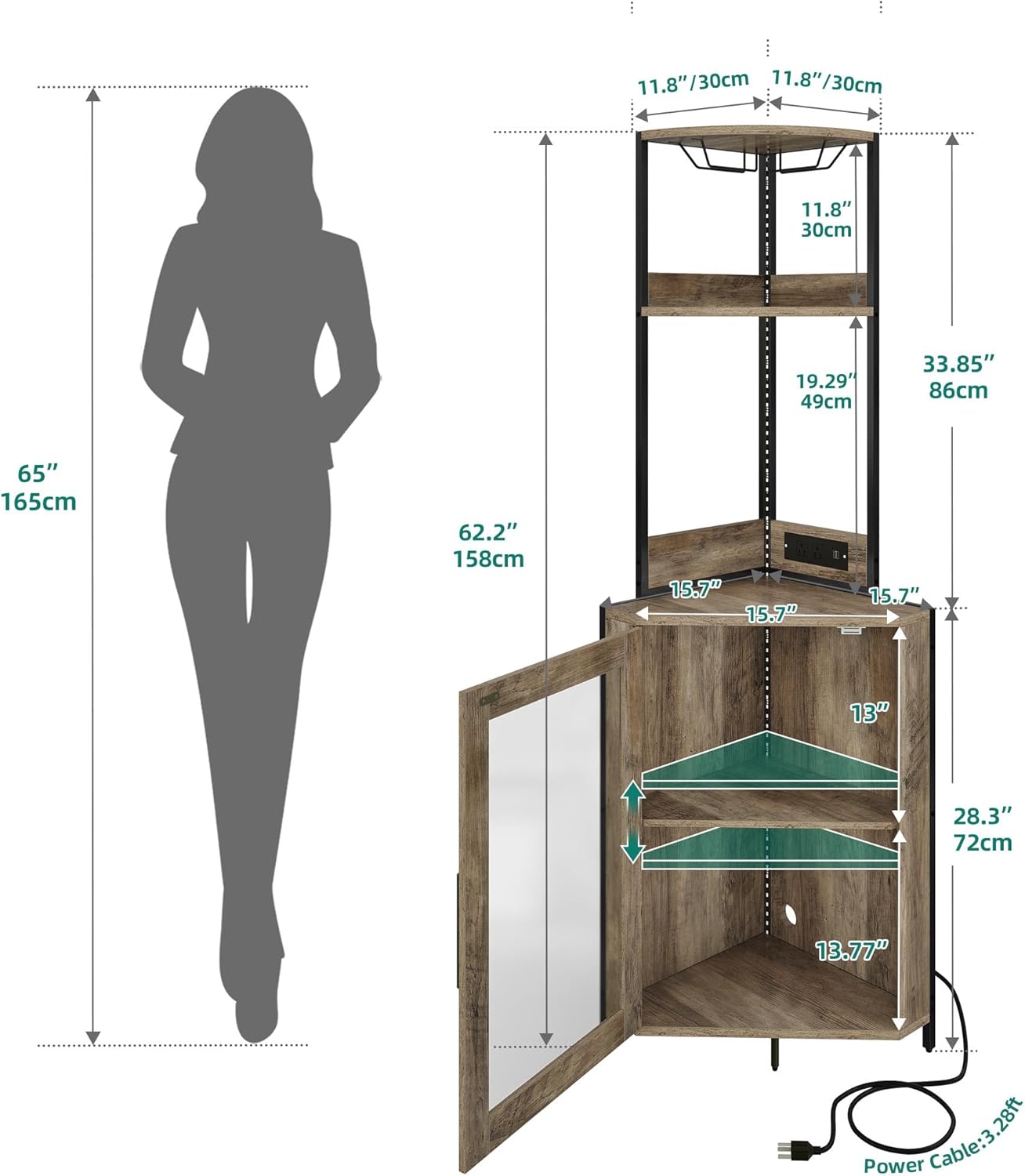 YITAHOME Corner Wine Cabinet with Power Outlets & LED Lights, Corner Bar Cabinet with Glass Holder, Liquor Bar Rack Cabinet for Living Room, Dining Room, Kitchen, Gray Oak