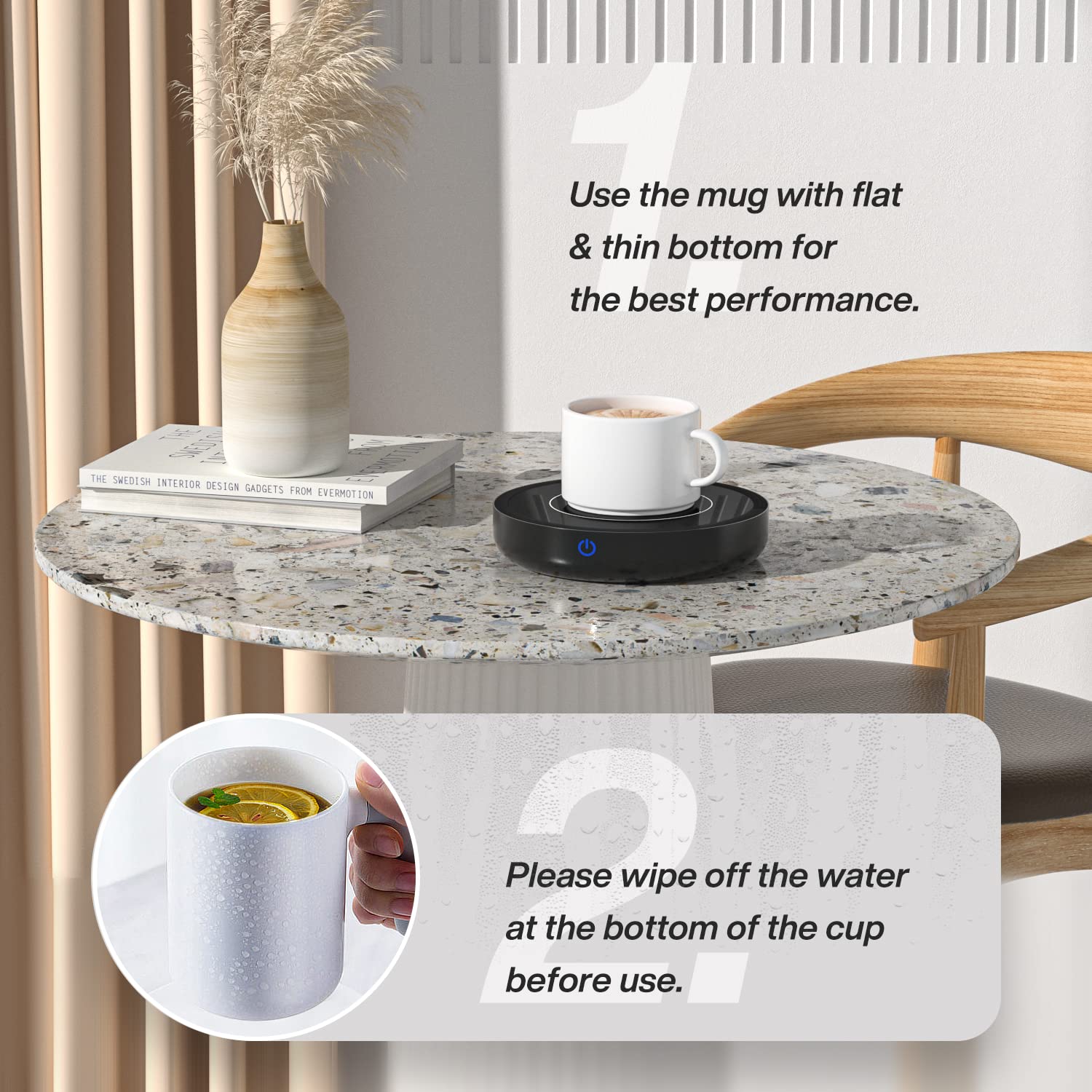 Calentador de Tazas de Café, 36 vatios Calentador Bebidas con Tres ajustes de Temperatura (Up To 176°F/80℃), Placa Calentadora de Tazas para Té/Agua/Leche, Incluye Taza