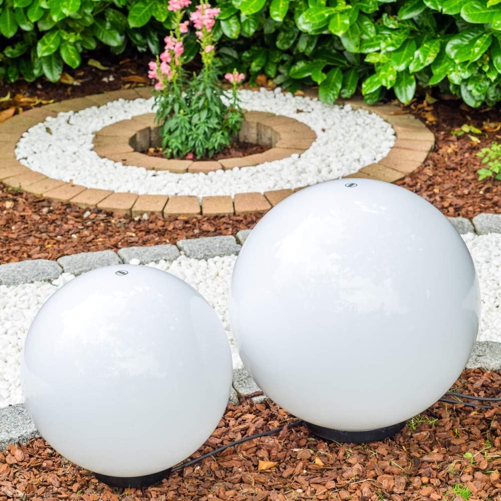 Lampada a sfera Miau, set di 2 lampade a sfera, lampade da esterno in plastica bianca Ø 40 e 50 cm, sfere luminose con attacco E27, lampade a sfera con cavo da 5 metri, senza lampadina/e