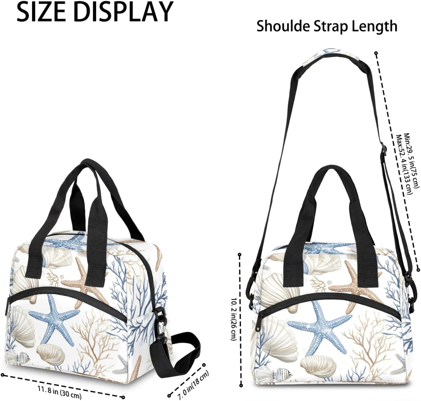 Nautical Coastal Lunch Bag for Men Women Adults Ocean Beach Seashell Starfish Themed Insulated Lunch Box Leakproof Cooler Tote Bag Organizer with Adjustable Shoulder Strap