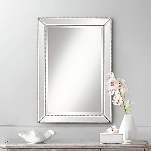 Roseau Rectangular Vanity Decorative Wall Mirror Modern Doubled Beaded Border Silver Pewter Wood Finish Frame Beveled 24" Wide for Bathroom Bedroom Living Room Home Office Entryway