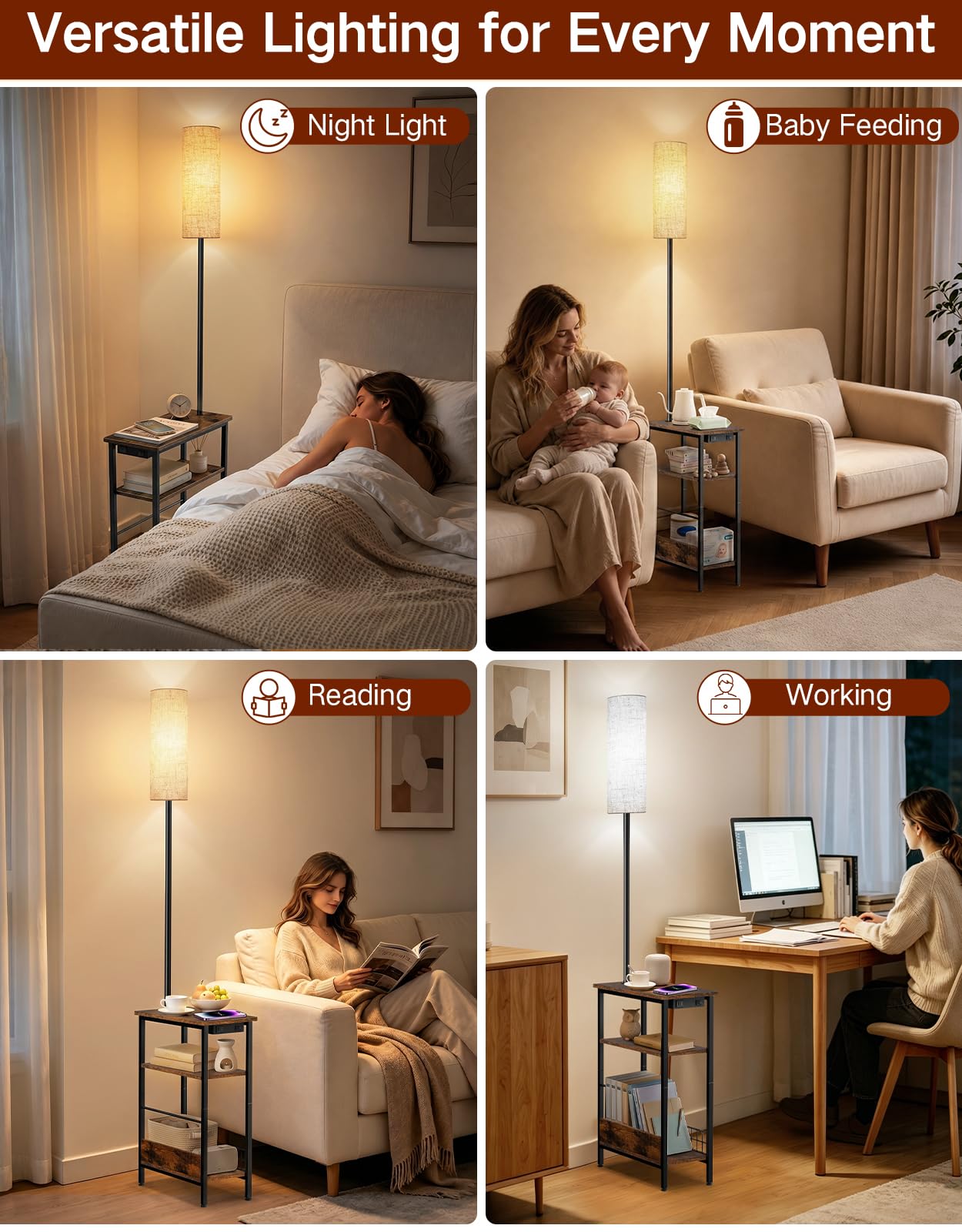 Lampadaire avec Table et Ports USB-A/USB-C