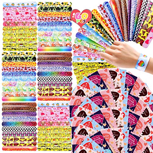 FiGoal Valentine’s Day Gifts for Kids Classroom 60 Pack Slap Bracelets Slap Bands in 30 Designs With 30 Pack Valentines Gift Cards Plus 30 Goodie Bags Party Favors School Classroom Prizes for Kids Boys Girls Adults