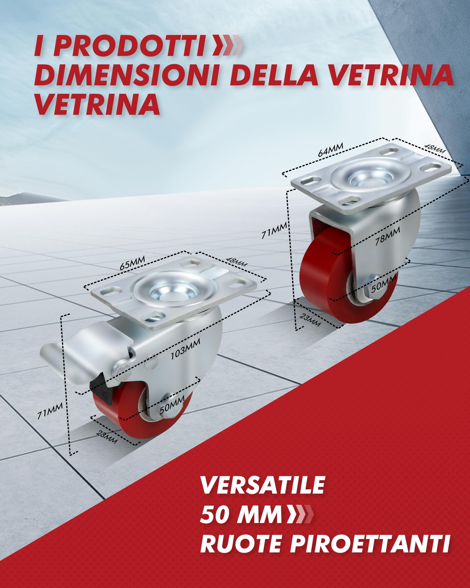 4 Ruote industriali da 50 mm, rotelle a carico pesante, 1000 kg, silenziose, in PU, con piastra, rotelle orientabili con freno, montanti in acciaio per trasporto di materiali, tram, banco da lavoro (2