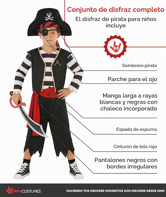 Foto 2 de 8 de Morph Disfraz Pirata Niño, Disfraz Bucanero Halloween Niño, 7-9 años