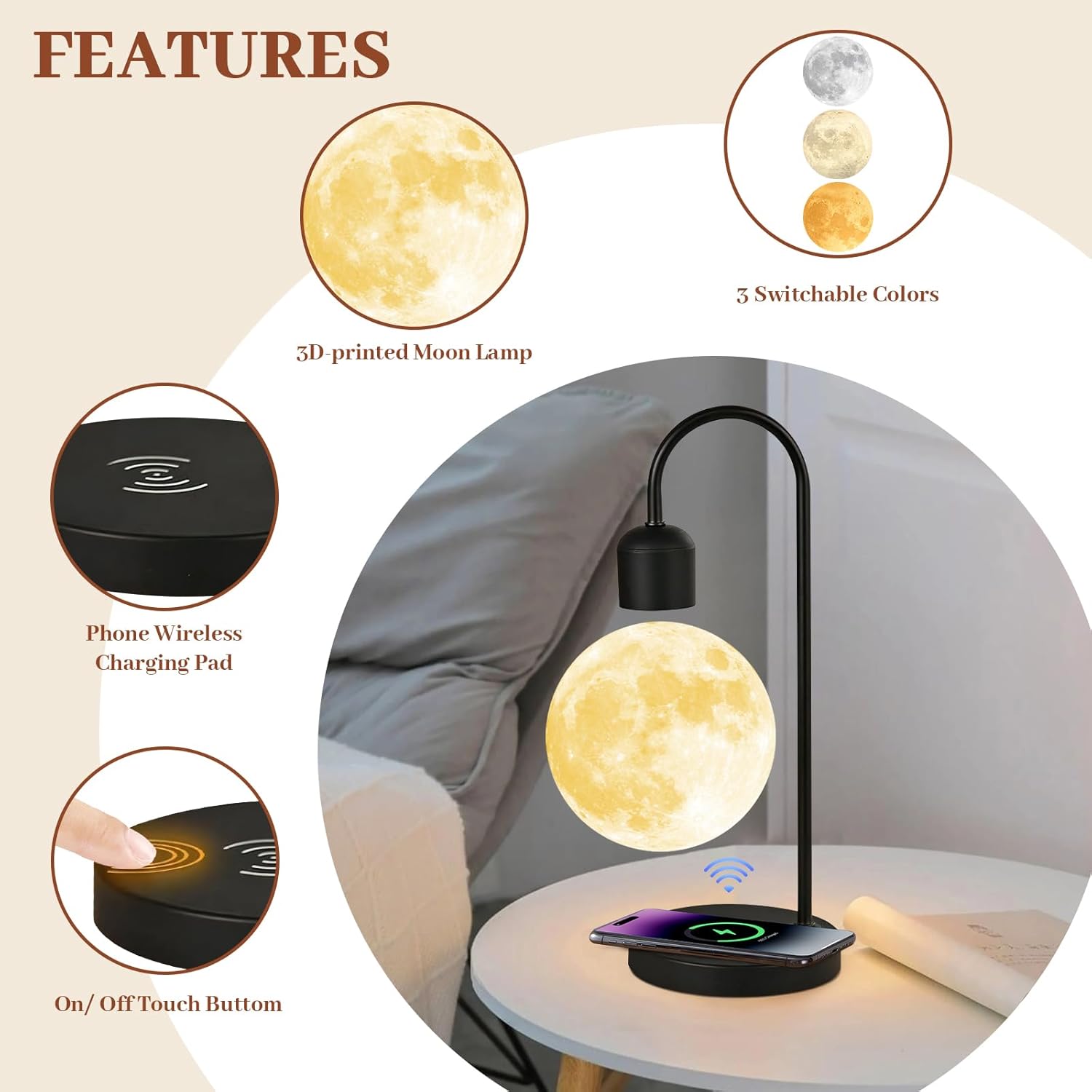 Magnetic Levitating Moon Lamp with 15W Wireless Phone Charger 3-Color LED Floating Night Light Desk Lamp for Bedroom Home Office Decor