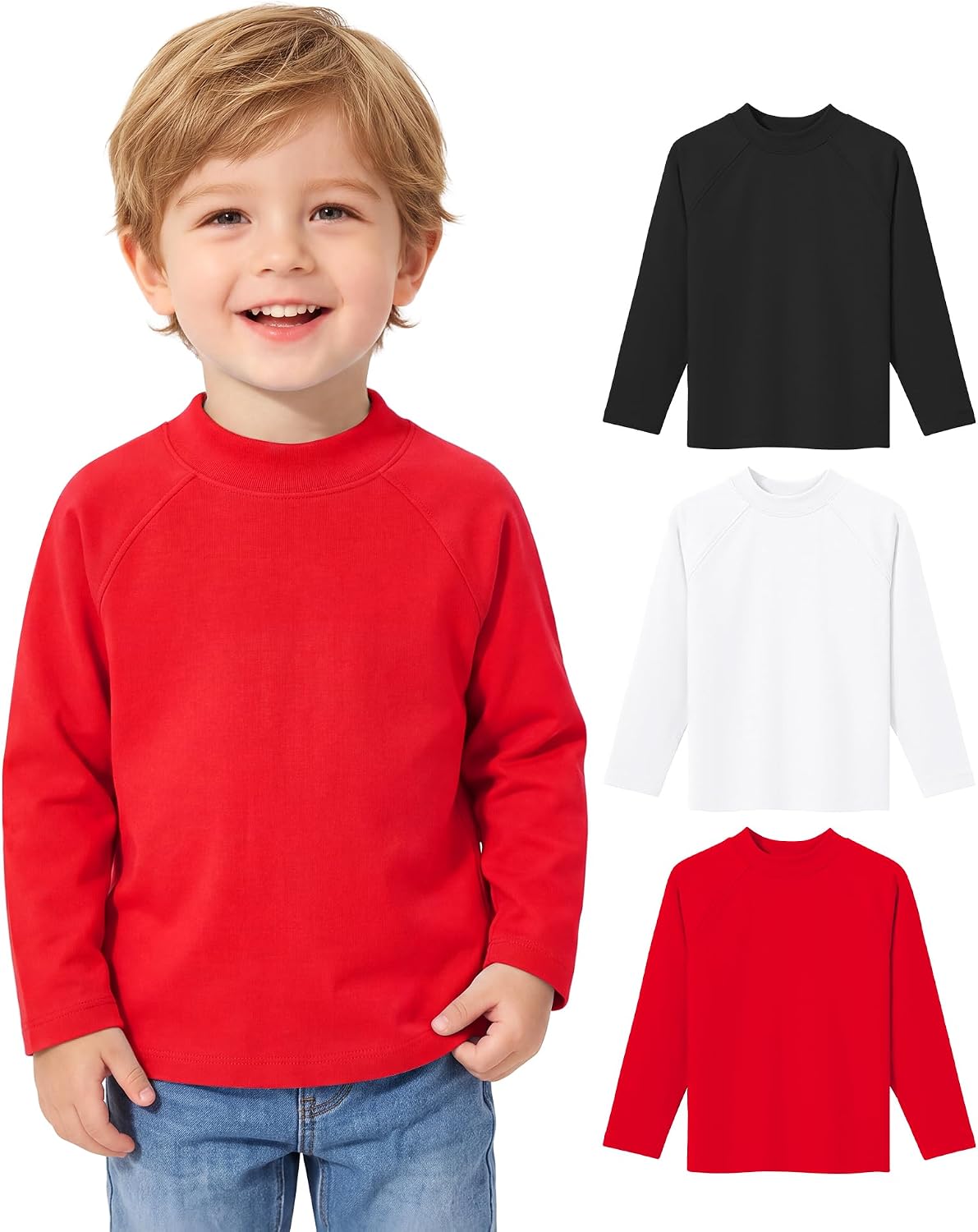 3 Pack Toddler Boy Raglan Long Sleeve Shirts Crew Neck Size 18M-5T