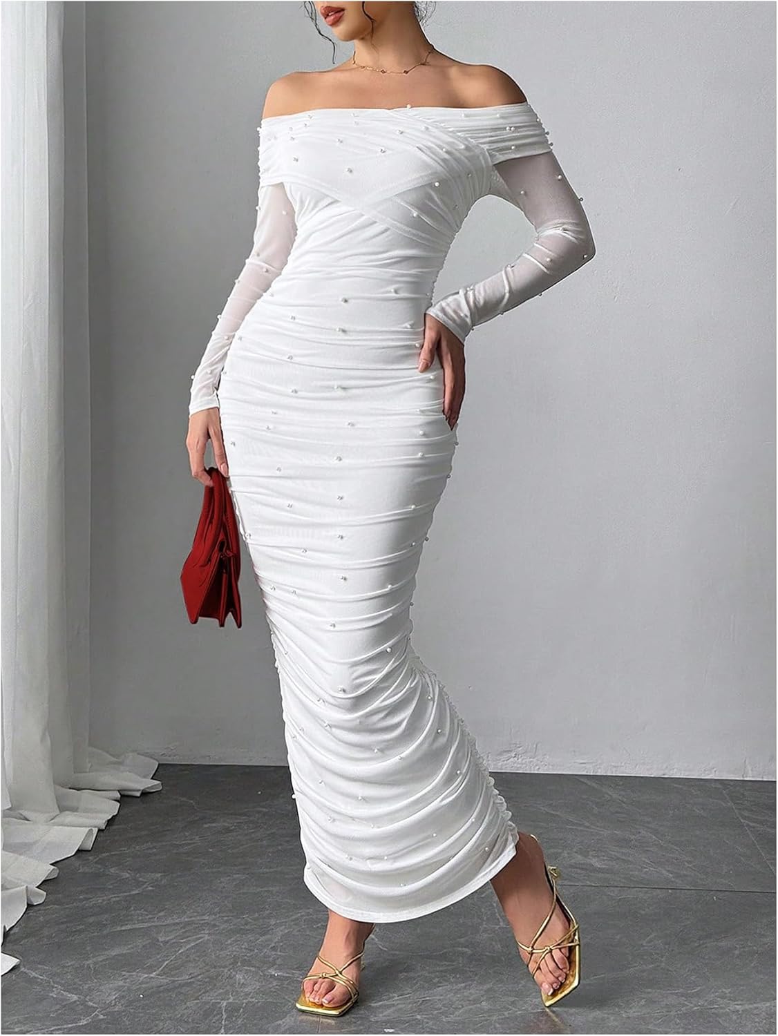 Floerns Women's Pearl Beaded Off The Shoulder Dress Ruched Bodycon Maxi Prom Dresses - Image 2