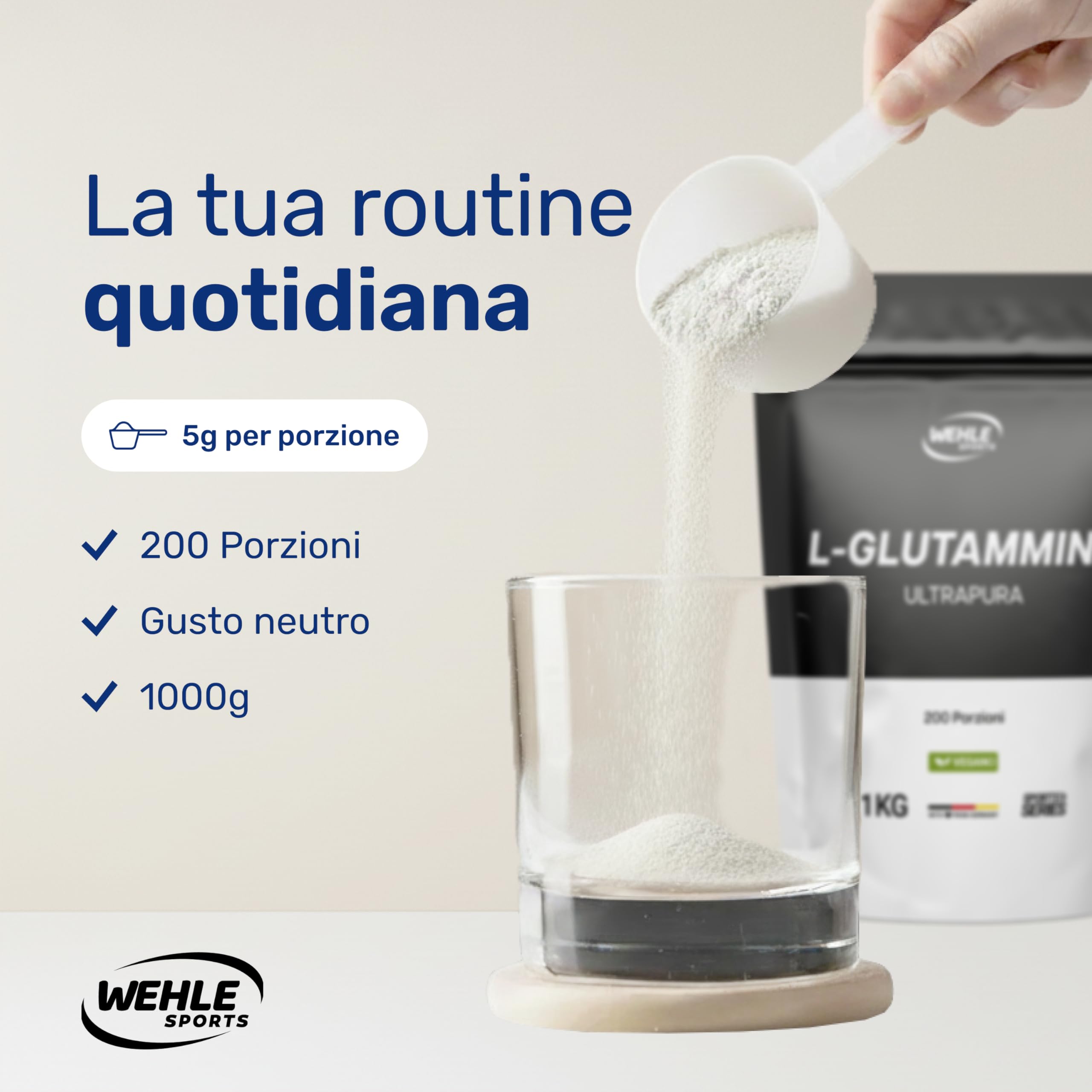 Glutammina in Polvere - 1 KG - 200 Porzioni - L-Glutammina Extra Pura con Vitamina B6 - Vegana e Prodotta in Germania - Glutamina Polvere