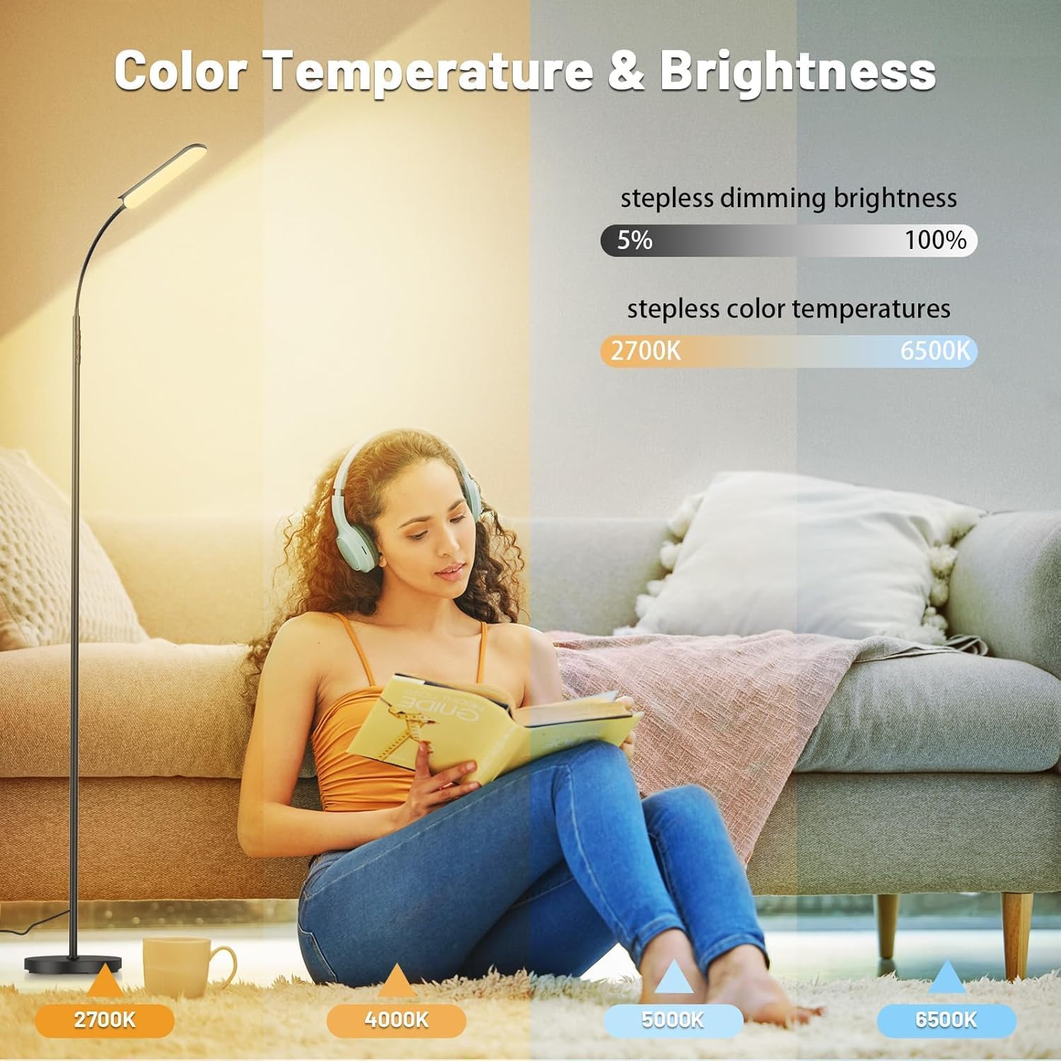 Dimmable LED Floor Lamp, Super Bright Reading Lamps Floor Standing lamp with Remote & Touch Control, Stepless Dimming & 2700K-6500K Color Temperature, for Living Room Bedroom Office, 2 Pack