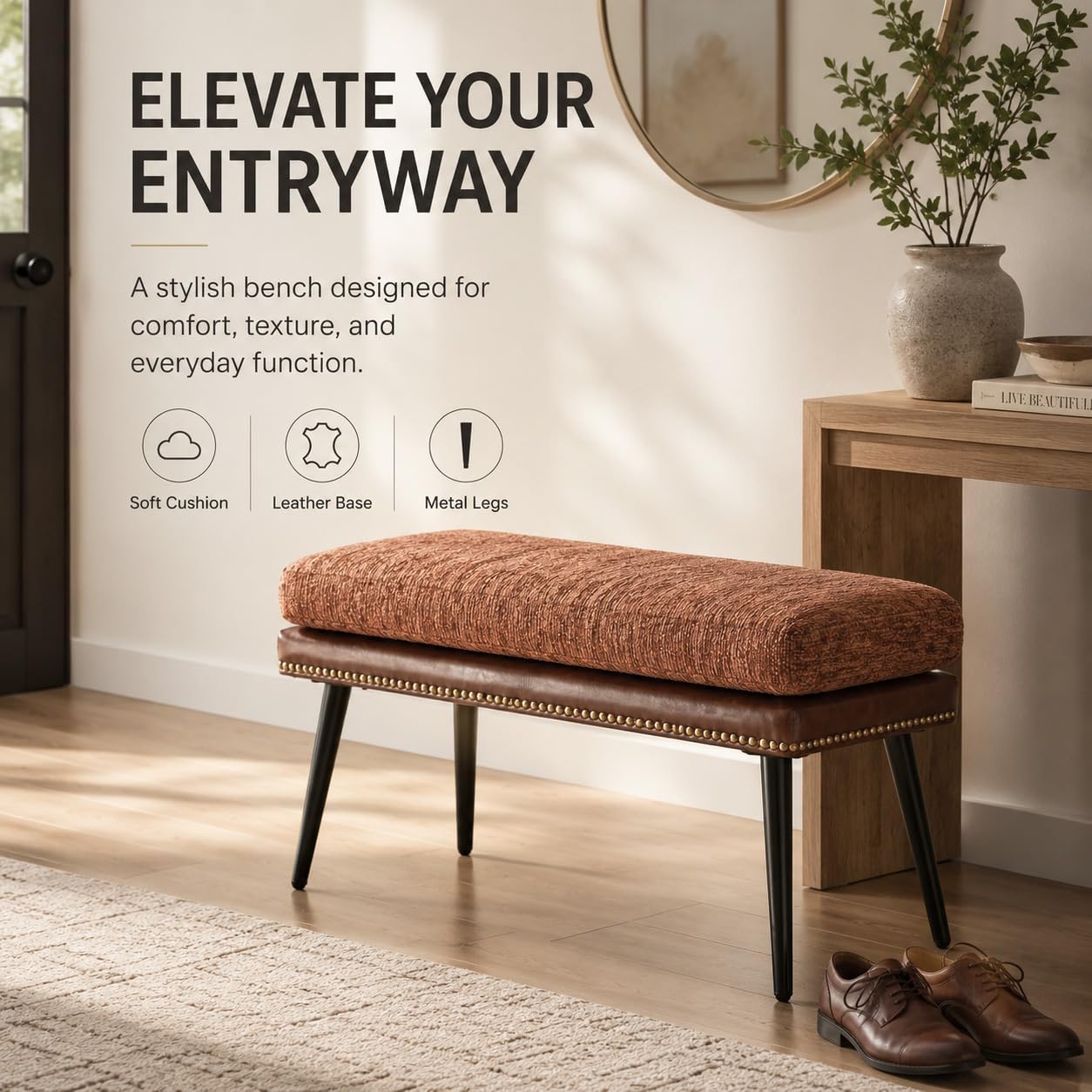 Forteek 32" Retro Upholstered Entryway Bench, Shoe Bench with Cushion