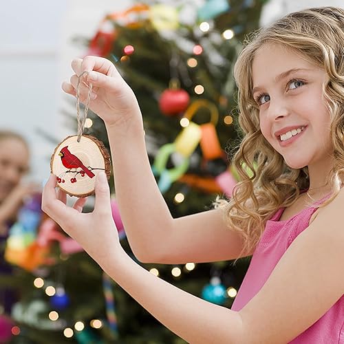 Miniatura 7 de 16 piezas de pájaros rojos de Navidad colgantes de rebanadas de madera con cuerda de cáñamo para decoración de árbol de Navidad, manualidades,