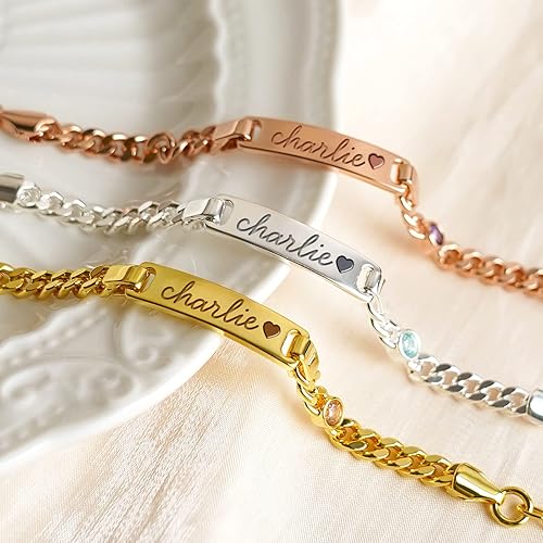 Miniatura 6 de Pulseras personalizadas con nombre de bebé, chapado en oro de 18 quilates, pulseras de piedra natal de identificación de bebé personalizadas para