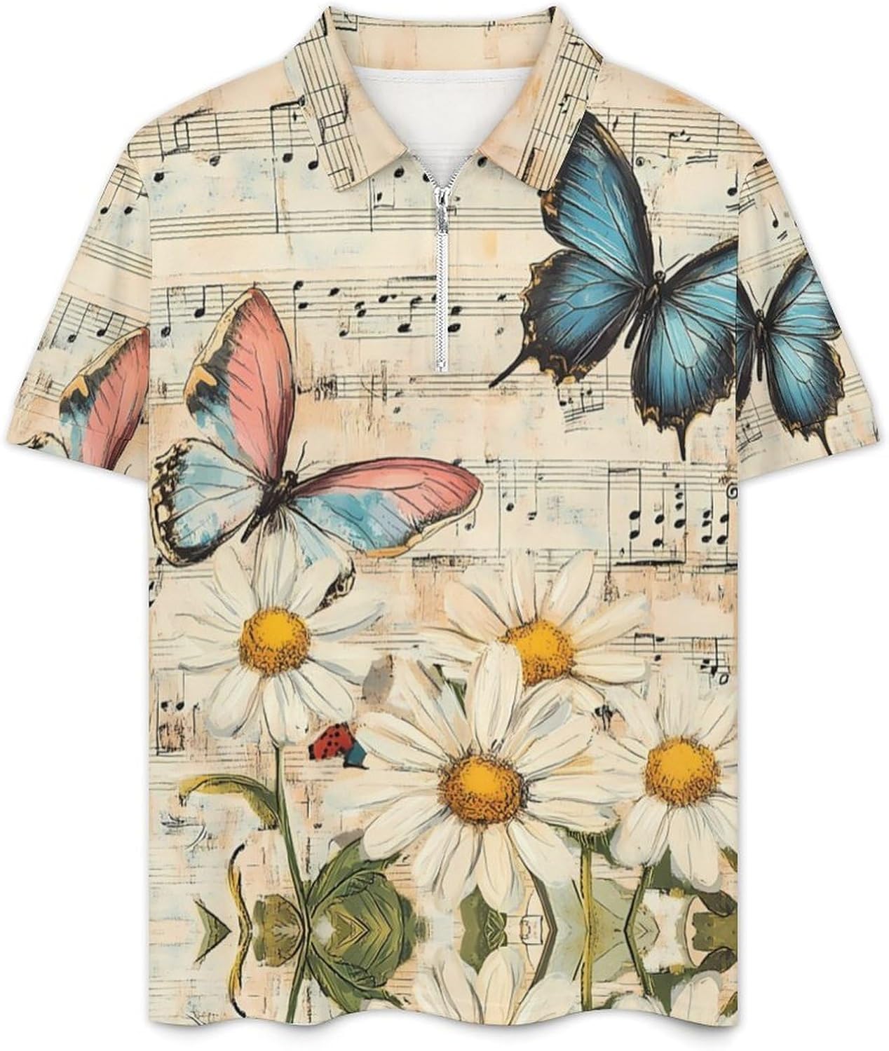 Vintage Butterflies Musical Notes Mens Polo Shirts Track Suits 2 Piece Short Sleeve Sweatsuit 1/4 Zip Golf Loungewear for Sports