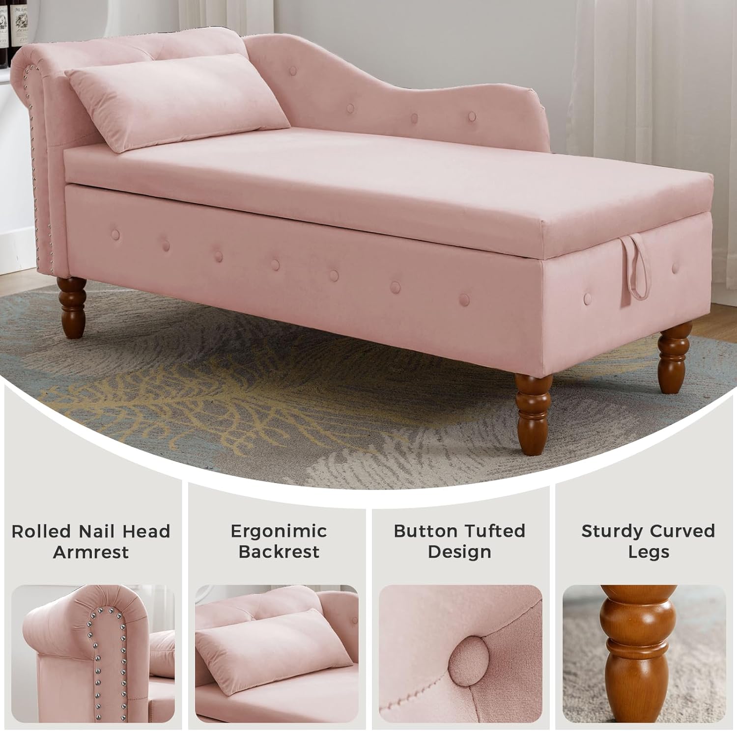 Velvet Chaise Lounge Indoor with Storage, Button Tufted Design Reclining Chair with 1 Pillow and Nailhead Trim,Sleeper Sofa for Bedroom, Living Room or Office (Pink)