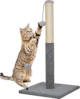 Kazura 31'' Tall Cat Scratching Post, Cat Scratch Post with Natural Sisal Rope and Carpet, Carpet Base, Vertical Scratch [Full Stretch], Toy Ball on Top for All Cats, Grey