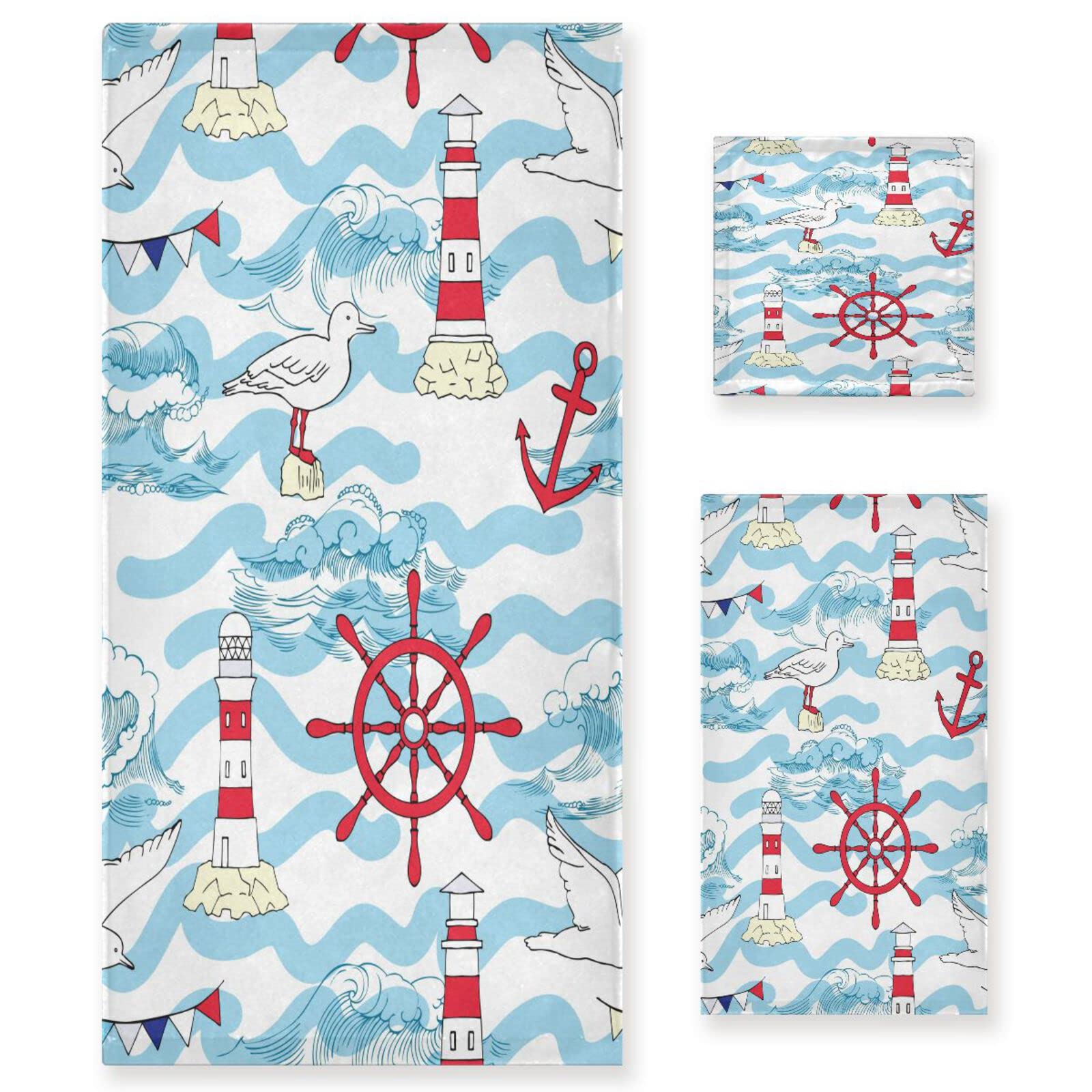 KAAVIYO Nautical Seagull Sea Cartoon 3 Piece Towel Set for Bathroom(1 Bath Towel&1 Hand Towel&1 Washcloth) Odor Resistant Highly Absorbent Towels for Swim Beach Hotel