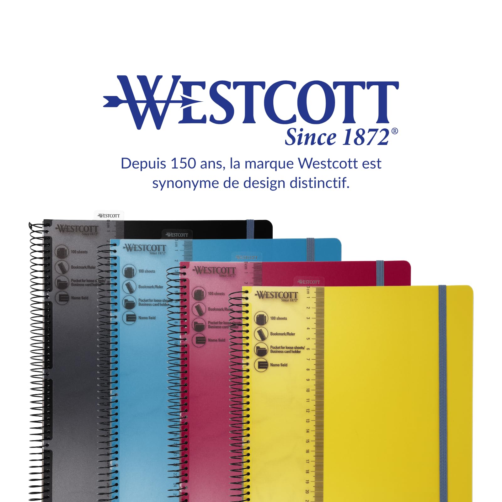 Westcott Cahier spirale PP A4 quadrillé Jaune (Lot de 4)