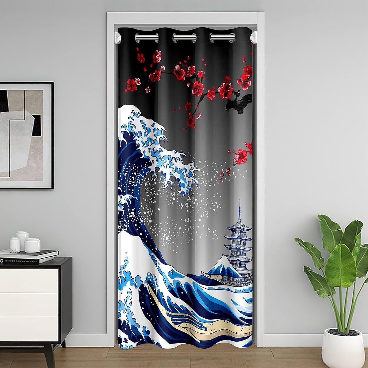 Castle Fairy Ukiyoe Ocean Wave Door Curtain for Doorways Privacy Japanese Style Blackout Curtain Historical Building Boat Doorway Curtain for Kids Red Plum Blossom Flower Door Drape, 52" W X 80" L