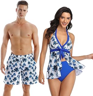 Couples Matching Swimsuit Blue Coconut Trees/Black Leopards Tankini Set & Swim Trunks His and Her Swimwear
