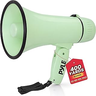 Pyle 20W Megaphone Bullhorn - 5.43" x 8.66" Portable Megaphone, 400-Yard Projection Range, Automatic Siren, Voice Talk, Music & Whistle, Adjustable Volume, Shoulder Strap, Battery Operated