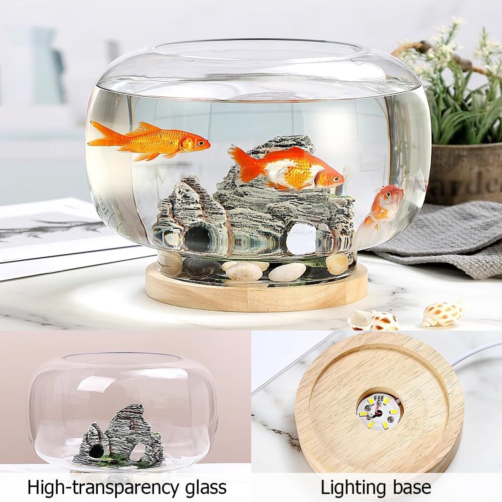 Acquario per Pesci Betta con Luce A LED, Base in Legno, Acquario con Decorazioni Interne, Vista A 360° per Piccoli Pesci, Boccia per Pesci Rotonda in Vetro,A
