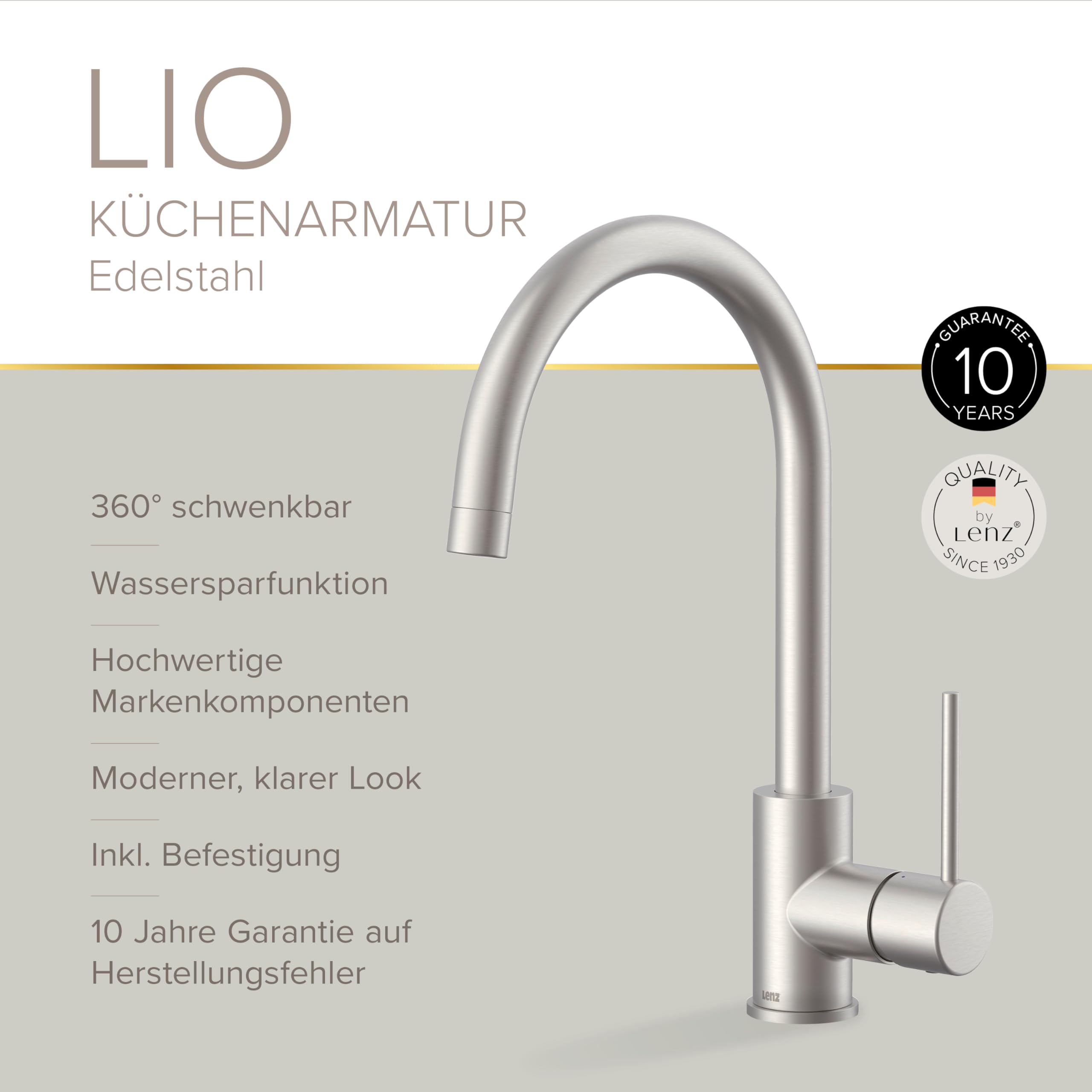 Lenz Lio 42030011 - Grifo de cocina (acero inoxidable, con función de ahorro de agua de 2 niveles, caño alto y giratorio 360°, superficie antihuellas, altura de 36 cm)
