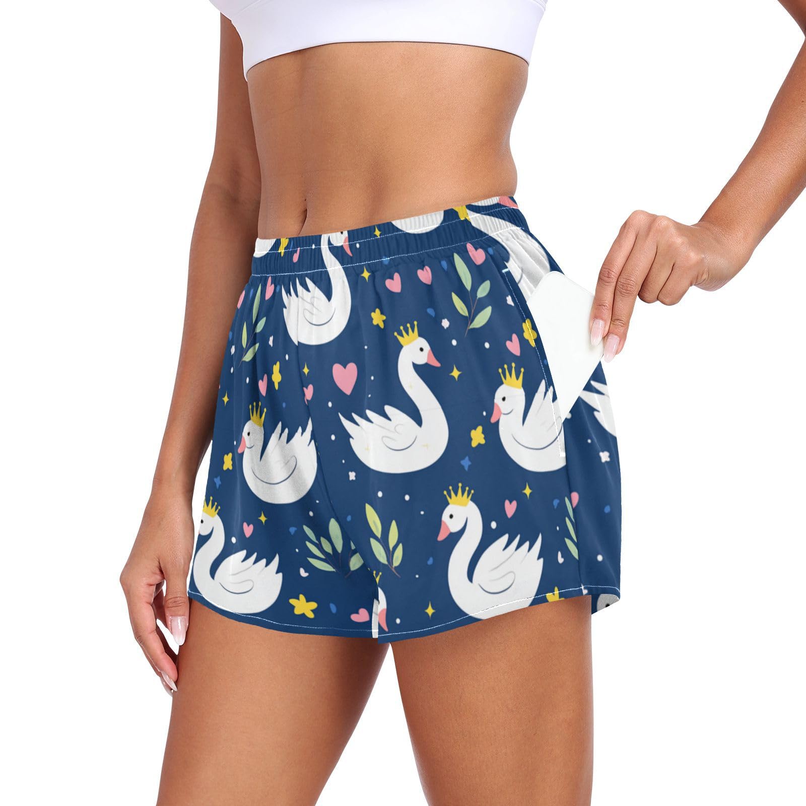 EtherSpher Cartoon Cute White Swan Women's Athletic Shorts with Pockets Girls Pajama Shorts for Golf Swim Bike Yoga Jog Athletic Dress for Women with Separate Shorts L